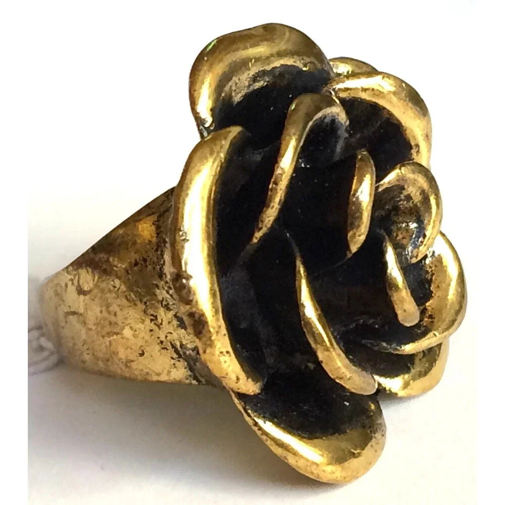 Vtg Gold Tone Rose Flower Bloom Cocktail Ring Size 6 7 8 Chunky Statement Boho